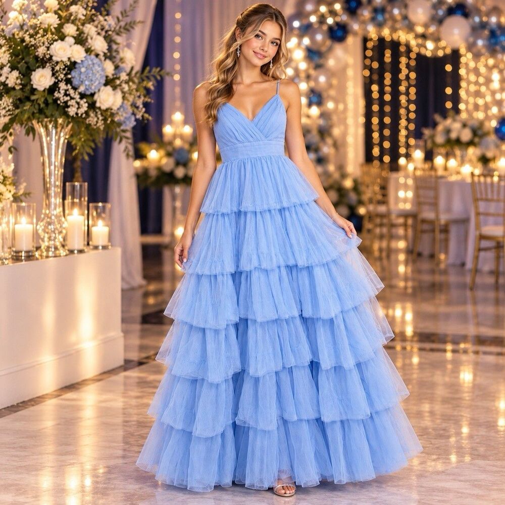 Lulus Rule the Runway Dress XS Blue Tiered Tulle Ruffle Fairycore Homecoming New